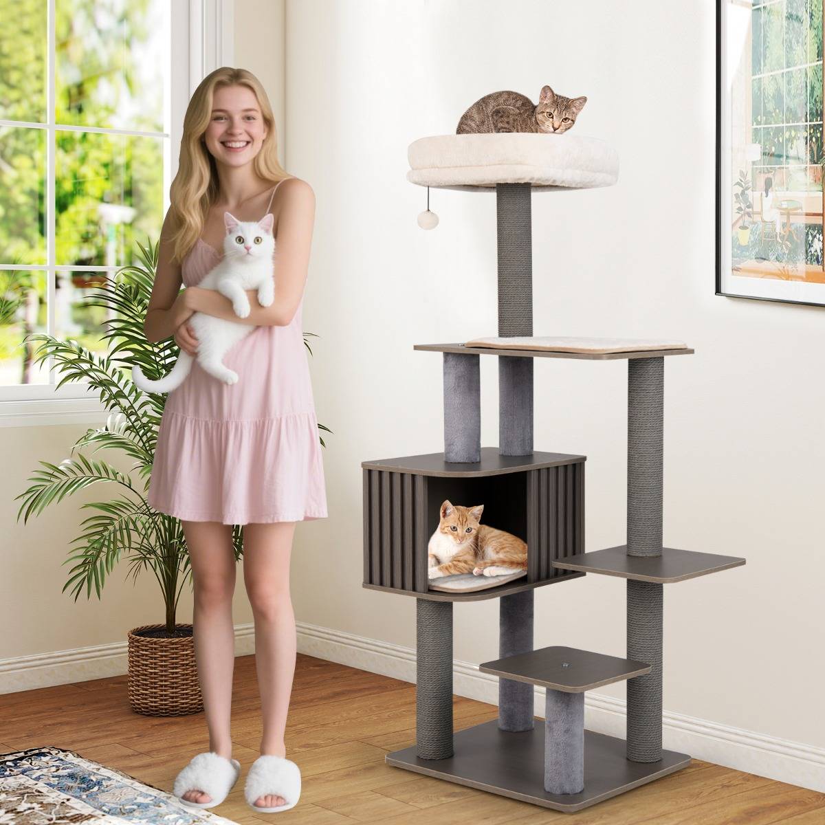 Arbre à Chat Multi-niveaux pour Chat d'Intérieur Tour à Chat de 151cm de Haut avec Perchoir - Image 3