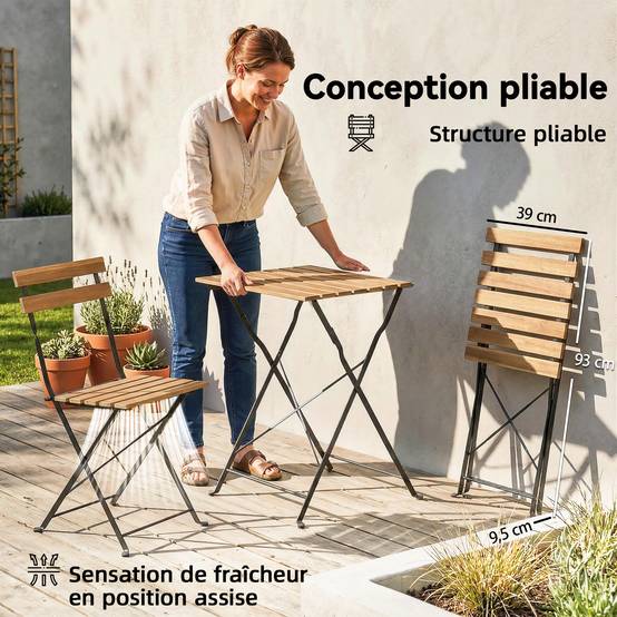 Ensemble de Salon de Jardin Bistrot 3 Pièces, 2 Chaises Pliantes, Table Carrée en Bois d'Acacia, 55x55x71cm, Naturel - Image 6