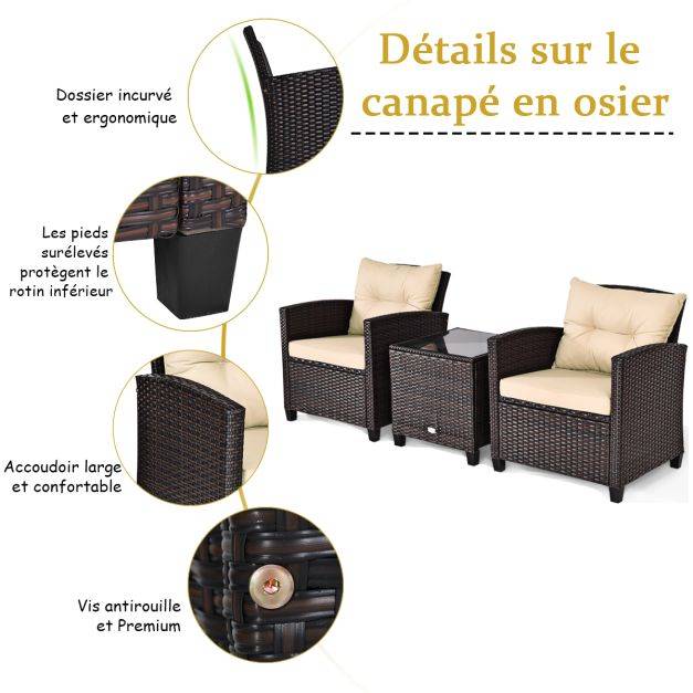 Salon de jardin en rotin pe 3 pièces 2 places avec coussins lavables 1 table en verre trempé marron - Image 3
