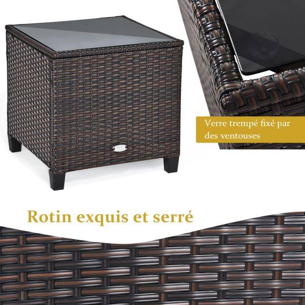 Salon de jardin en rotin pe 3 pièces 2 places avec coussins lavables 1 table en verre trempé marron - Image 5