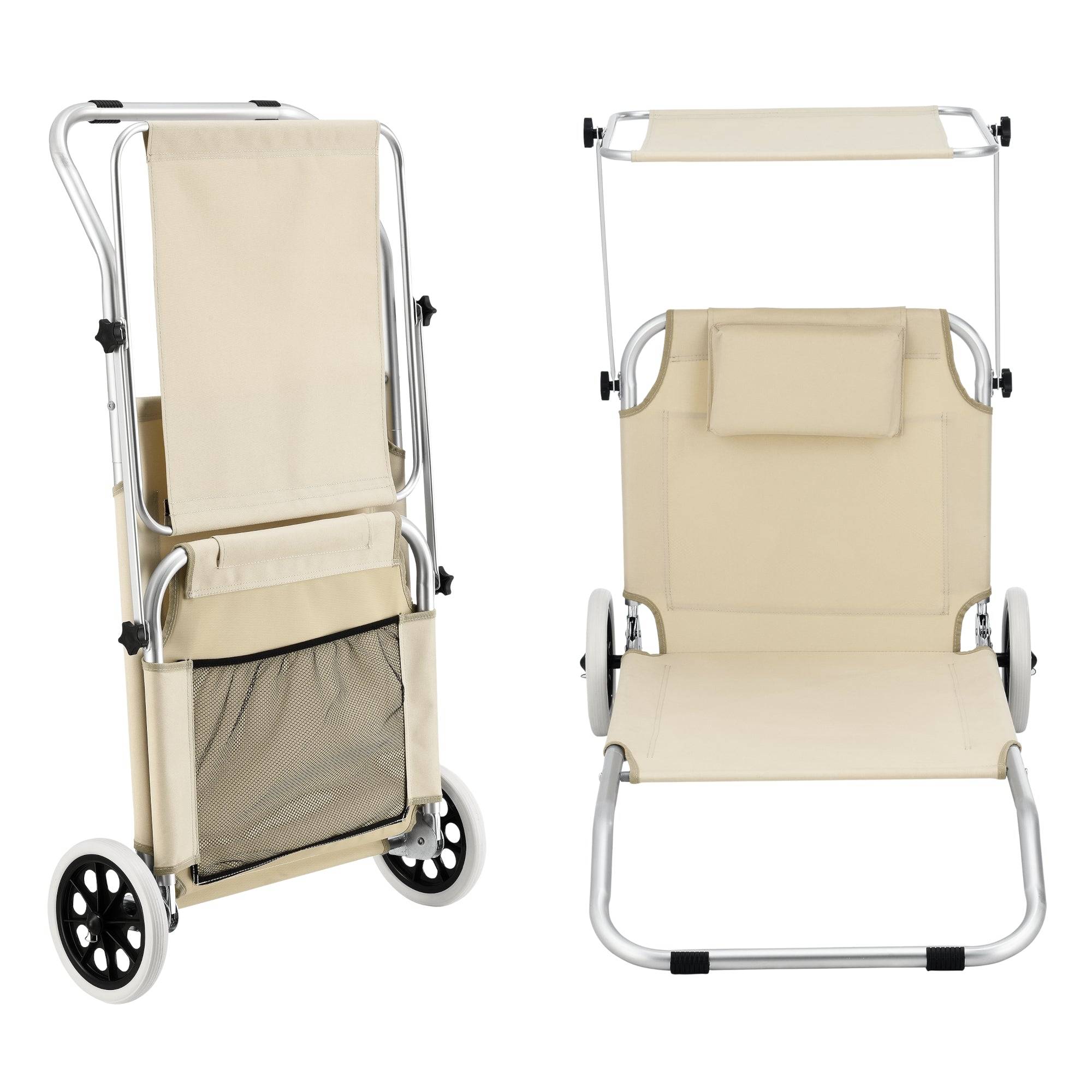 Helloshop26 - Transat bain de soleil à roulettes aluminium polyester argenté mat beige - Imagen 3