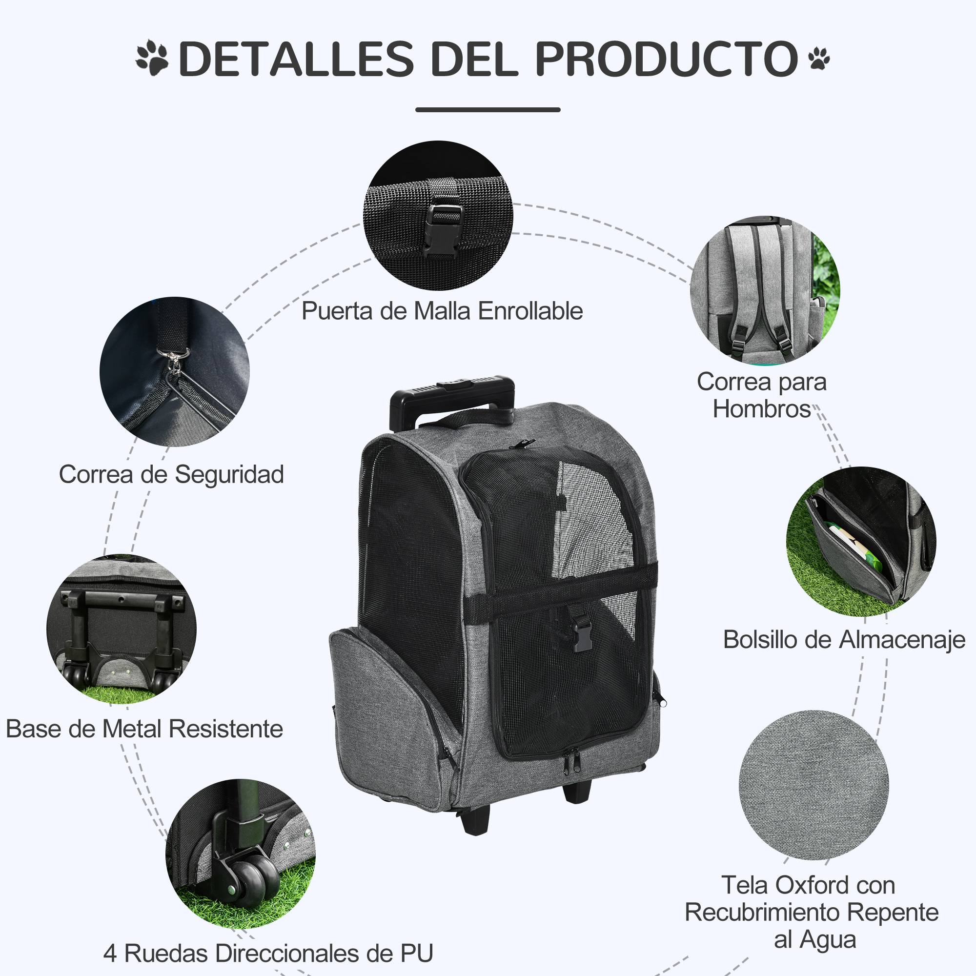 Sac à dos à roulettes pour chien chat Tissu Oxford Acier 2 en 1 42x25x55 cm Gris - ComfortXL Outdoor Living - Image 8