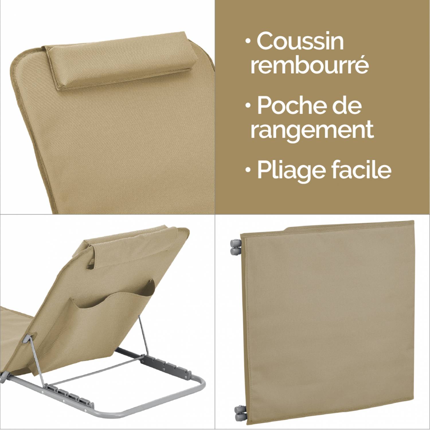 Linxor - Matelas, transat, tapis de plage avec dossier inclinable et sac de transport - Beige - Linxor - Imagen 5