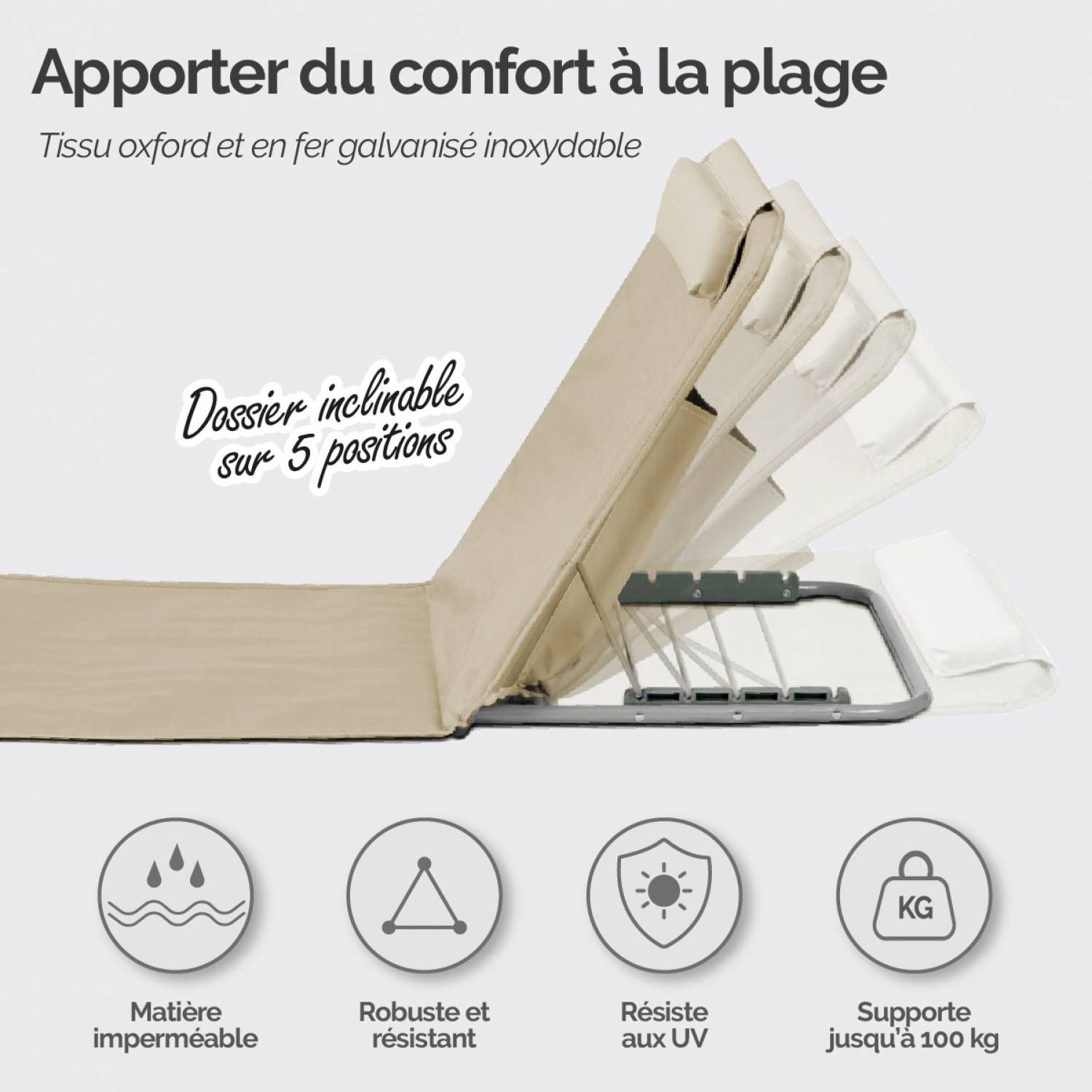 Linxor - Matelas, transat, tapis de plage avec dossier inclinable et sac de transport - Beige - Linxor - Imagen 4