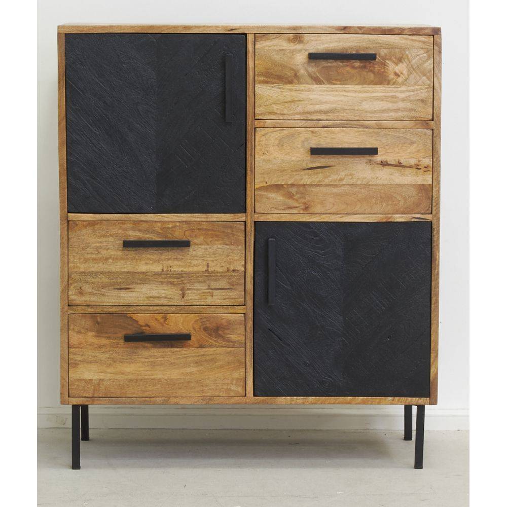 Aubry Gaspard - Commode en manguier naturel et teinté noir Damier 2 portes + 4 tiroirs - Imagen 3