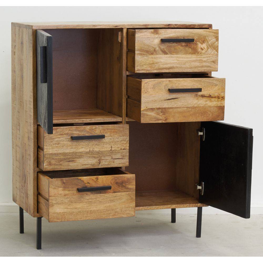 Aubry Gaspard - Commode en manguier naturel et teinté noir Damier 2 portes + 4 tiroirs - Imagen 2
