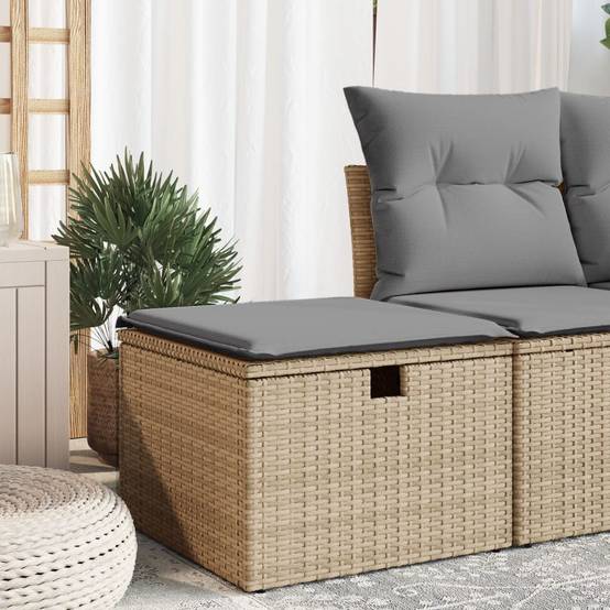 Tabouret de jardin | Repose-pied de jardin | Pouf avec coussin beige 55x55x37cm résine tressée Maison Chic - Image 2
