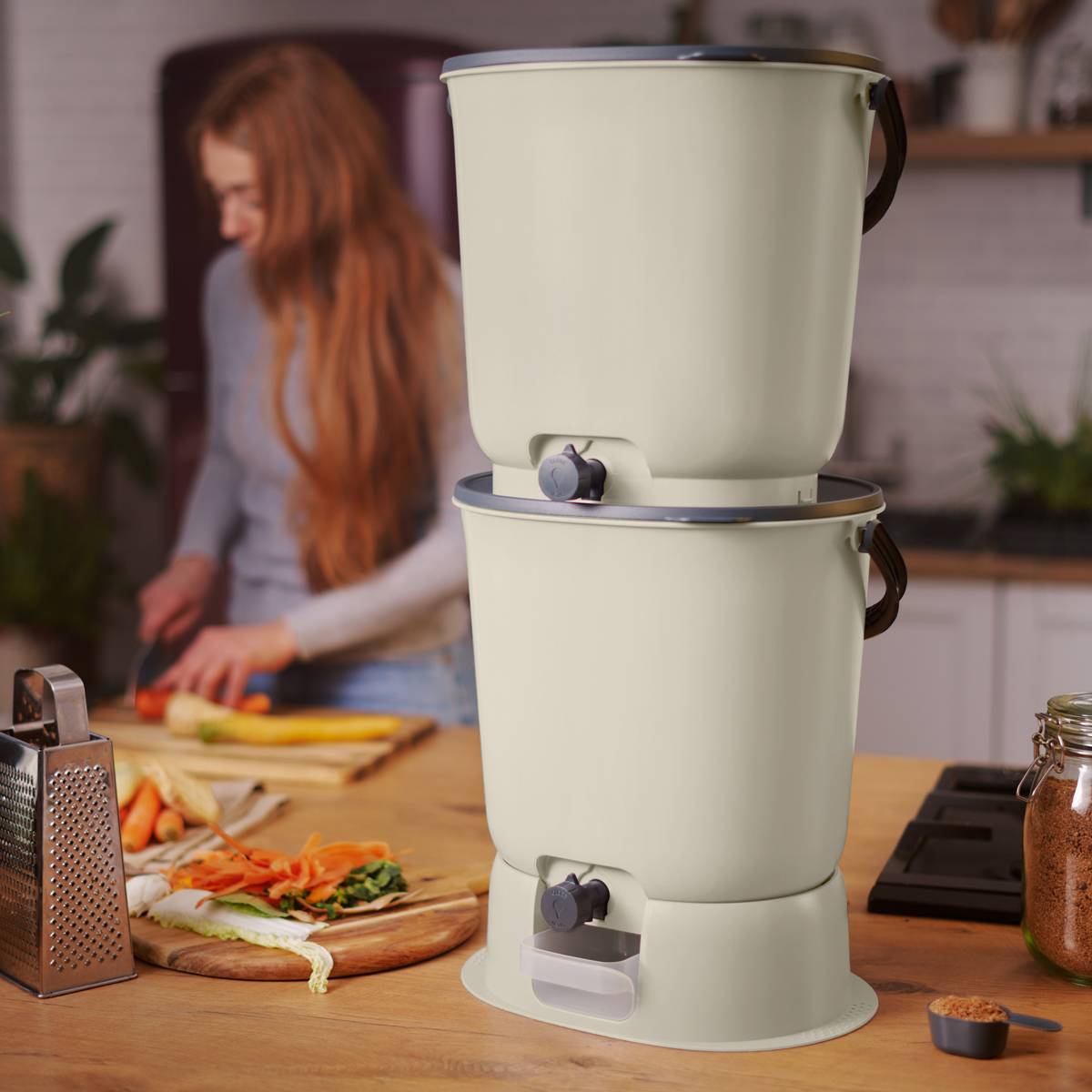 Lot de 2 composteurs Bokashi  Essential  15,3L+1kg de Brain+1 base-Crème - Image 2