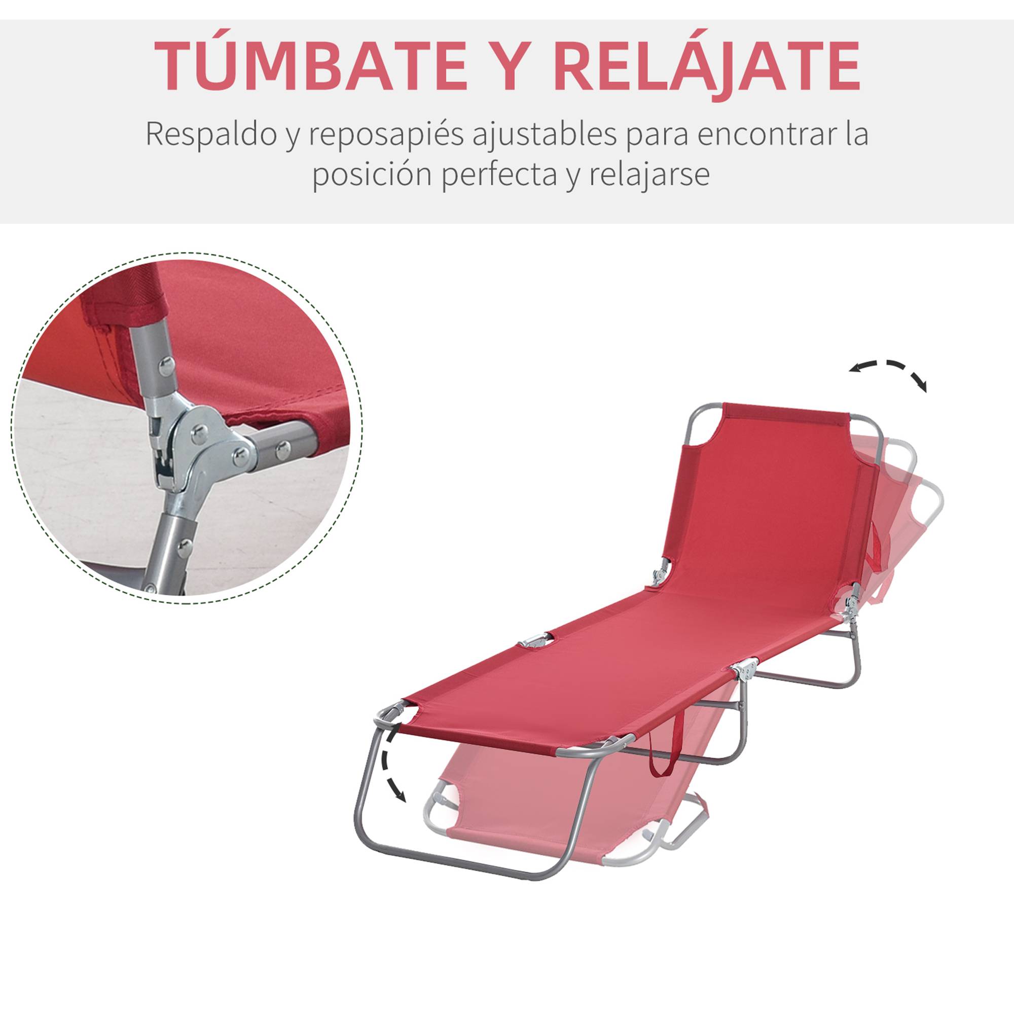 Transat de jardin pliable avec dossier réglable 5 positions, charge maximale 120 kg, pour terrasse, 187 x 55 x 24 cm, bordeaux - Image 6