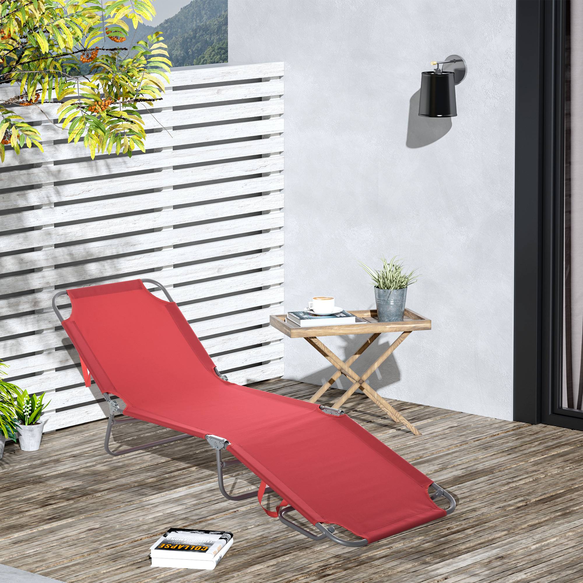 Transat de jardin pliable avec dossier réglable 5 positions, charge maximale 120 kg, pour terrasse, 187 x 55 x 24 cm, bordeaux - Image 3