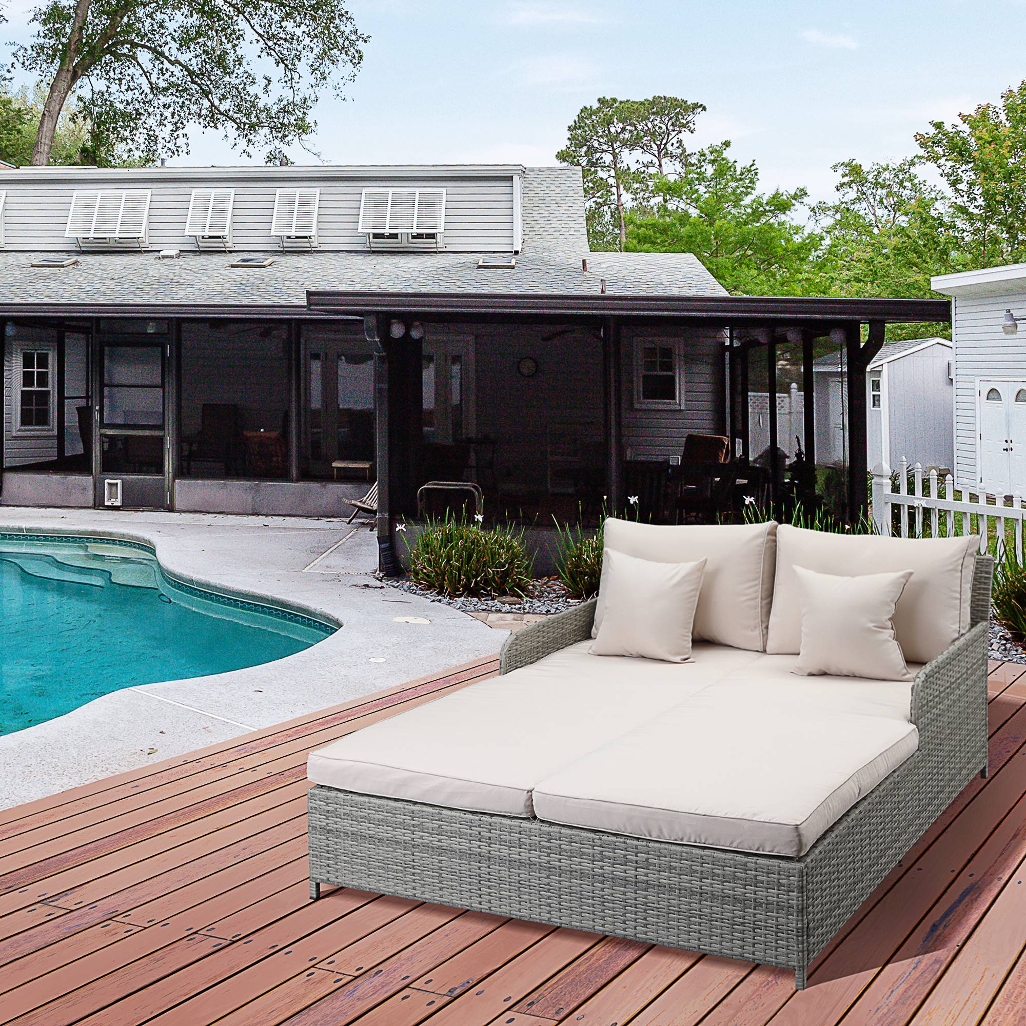 Outsunny - Lit canapé double pour jardin en résine tressée PE avec matelas, accoudoirs et 4 coussins dim. 158L x 134l x 70H cm - gris et beige - Outsunny - Imagen 2