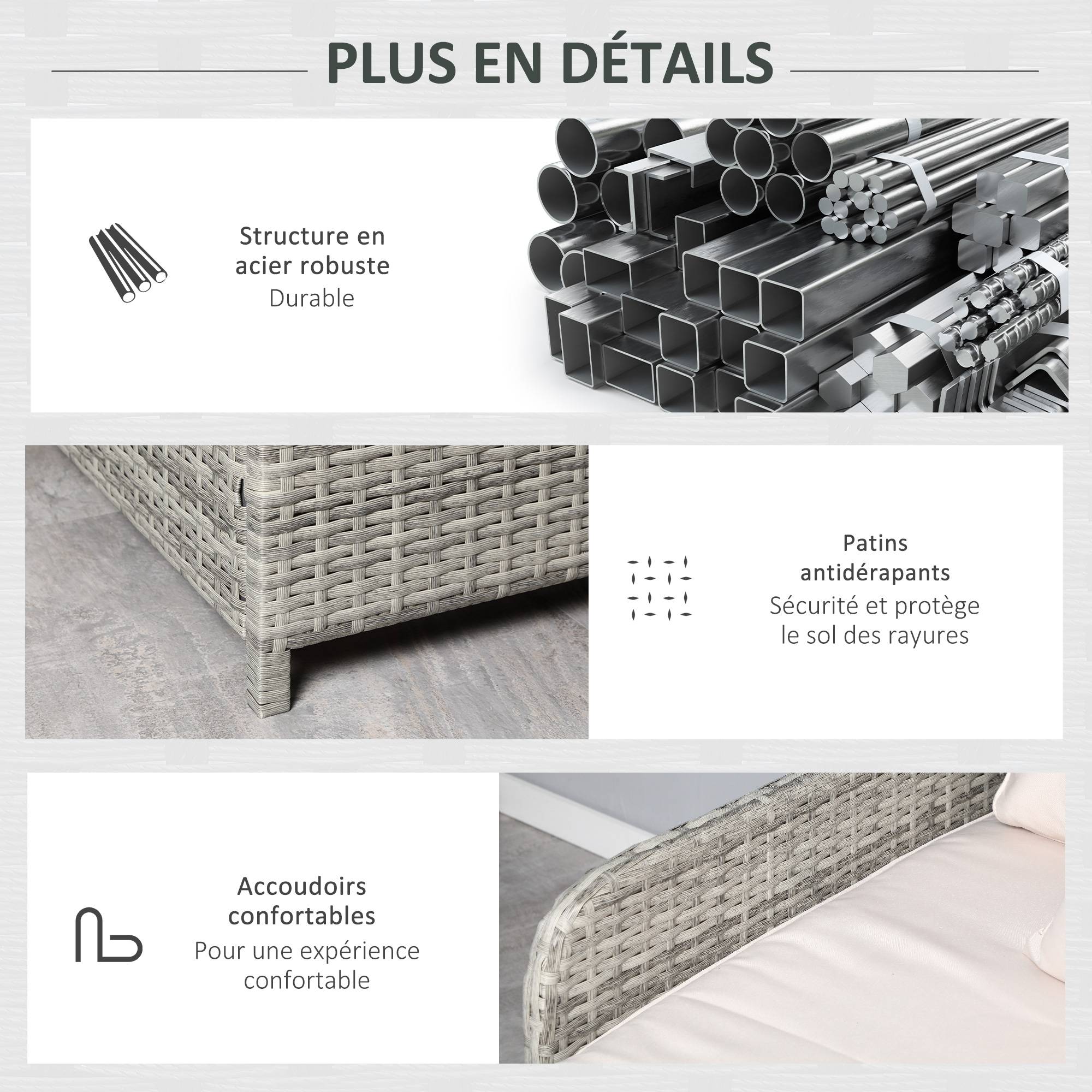 Outsunny - Lit canapé double pour jardin en résine tressée PE avec matelas, accoudoirs et 4 coussins dim. 158L x 134l x 70H cm - gris et beige - Outsunny - Imagen 6