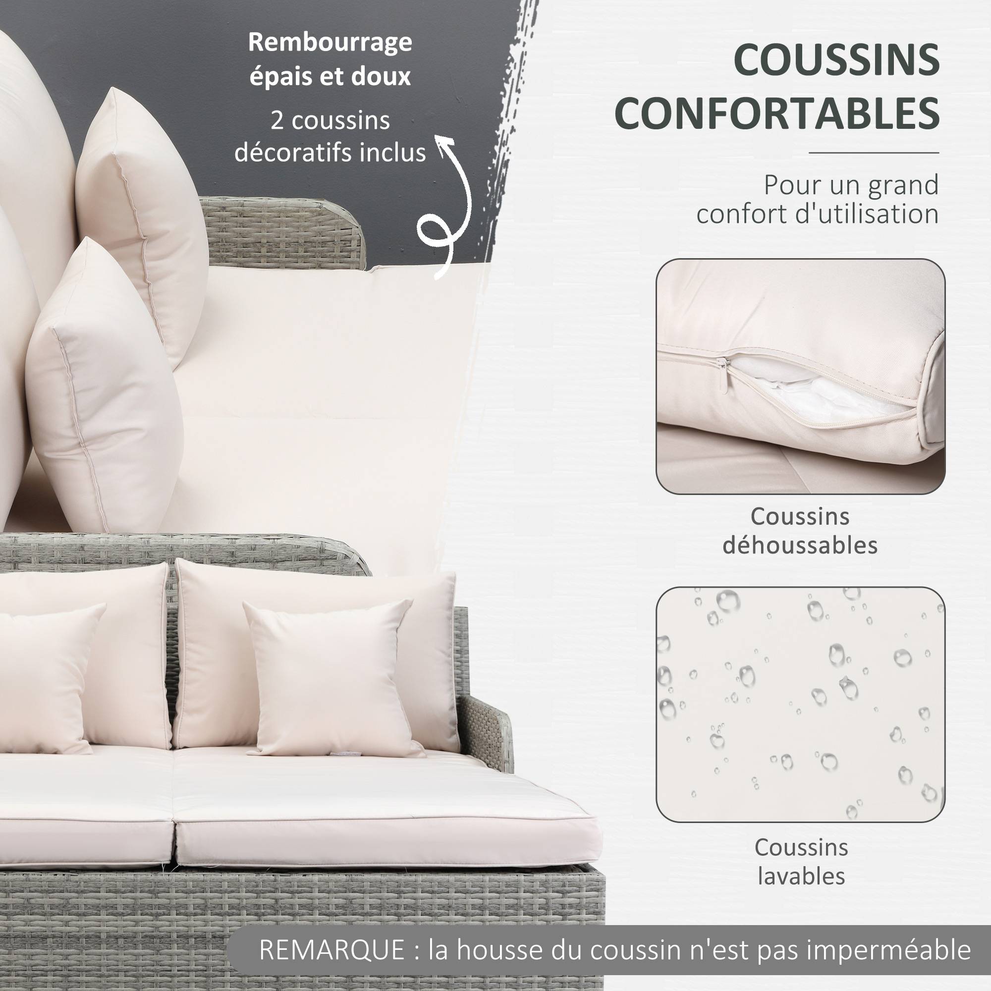 Outsunny - Lit canapé double pour jardin en résine tressée PE avec matelas, accoudoirs et 4 coussins dim. 158L x 134l x 70H cm - gris et beige - Outsunny - Imagen 5
