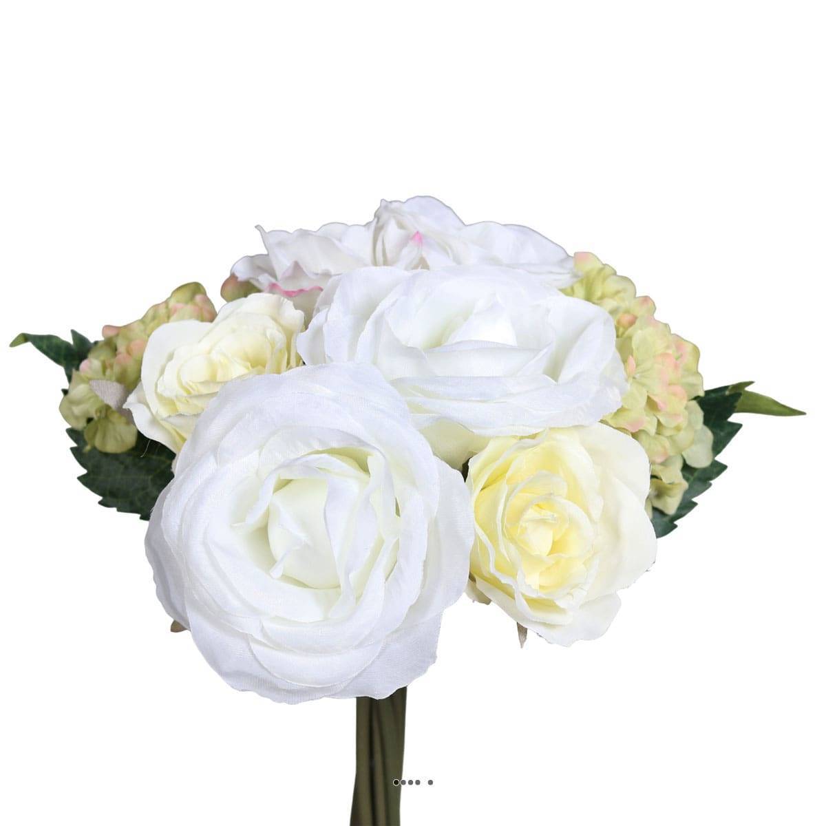 Bouquet de Roses et Hortensias artificielles 10 tetes D 22 cm Crème vert - couleur: Crème vert - Image 1