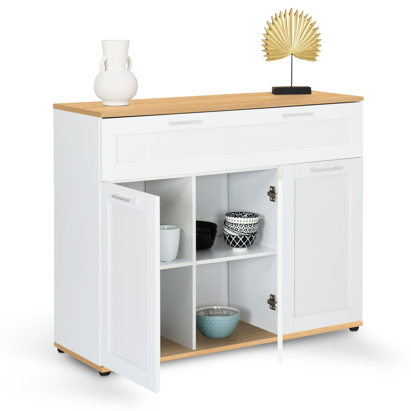 Buffet 100 cm VITO 3 portes et 1 tiroir blanc et plateau bois - Image 4