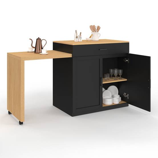 Ilot central VITO 94-155 cm bois noir avec table à manger extensible intégrée façon hêtre - Image 2