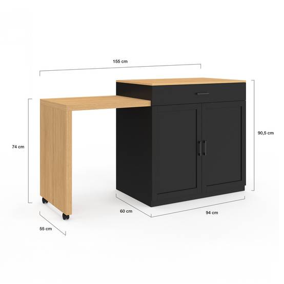 Ilot central VITO 94-155 cm bois noir avec table à manger extensible intégrée façon hêtre - Image 6