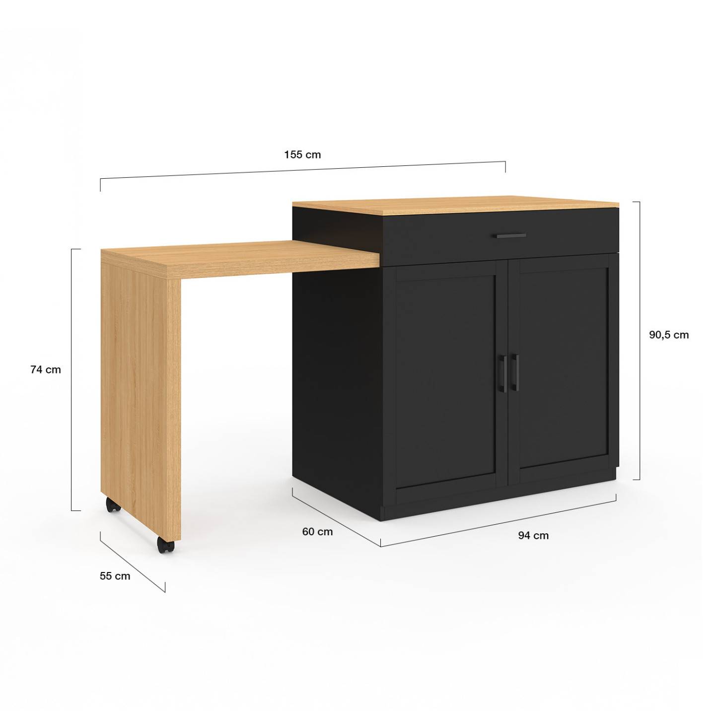 Ilot central VITO 94-155 cm bois noir avec table à manger extensible intégrée façon hêtre - Image 6