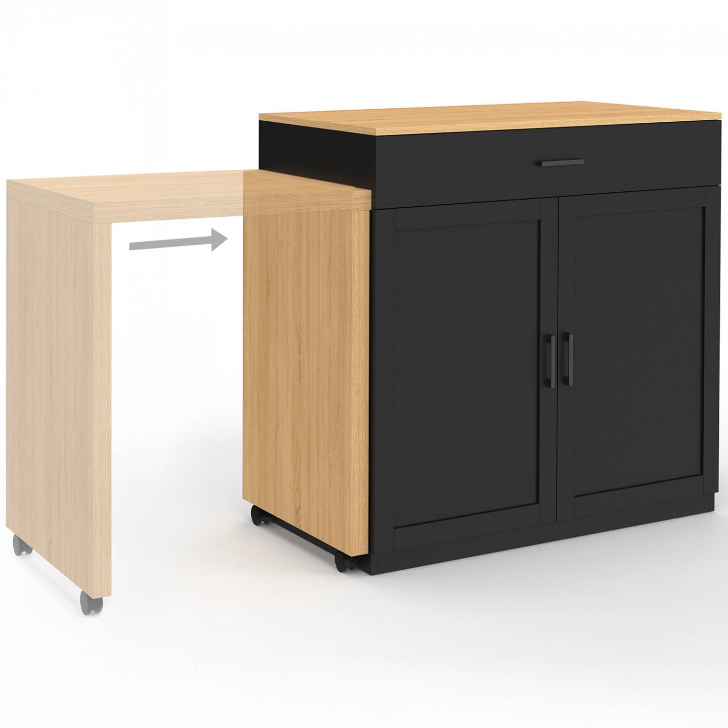 Ilot central VITO 94-155 cm bois noir avec table à manger extensible intégrée façon hêtre - Image 4