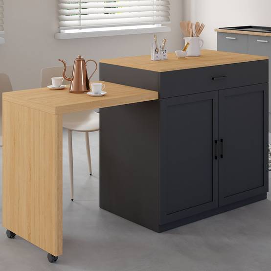 Ilot central VITO 94-155 cm bois noir avec table à manger extensible intégrée façon hêtre - Image 1