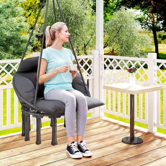 Chaise suspendue bohème acier salon terrasse coussin rembourré franges 80x60x40cm gris foncé - ComfortXL Outdoor Living - Image 4