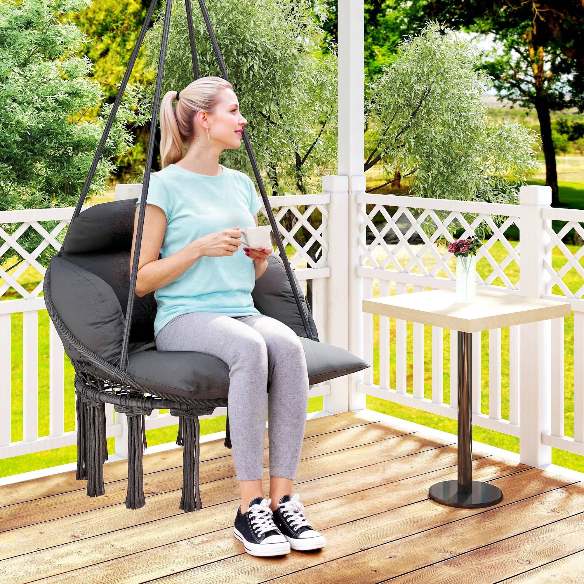 Chaise suspendue bohème acier salon terrasse coussin rembourré franges 80x60x40cm gris foncé - ComfortXL Outdoor Living - Image 4