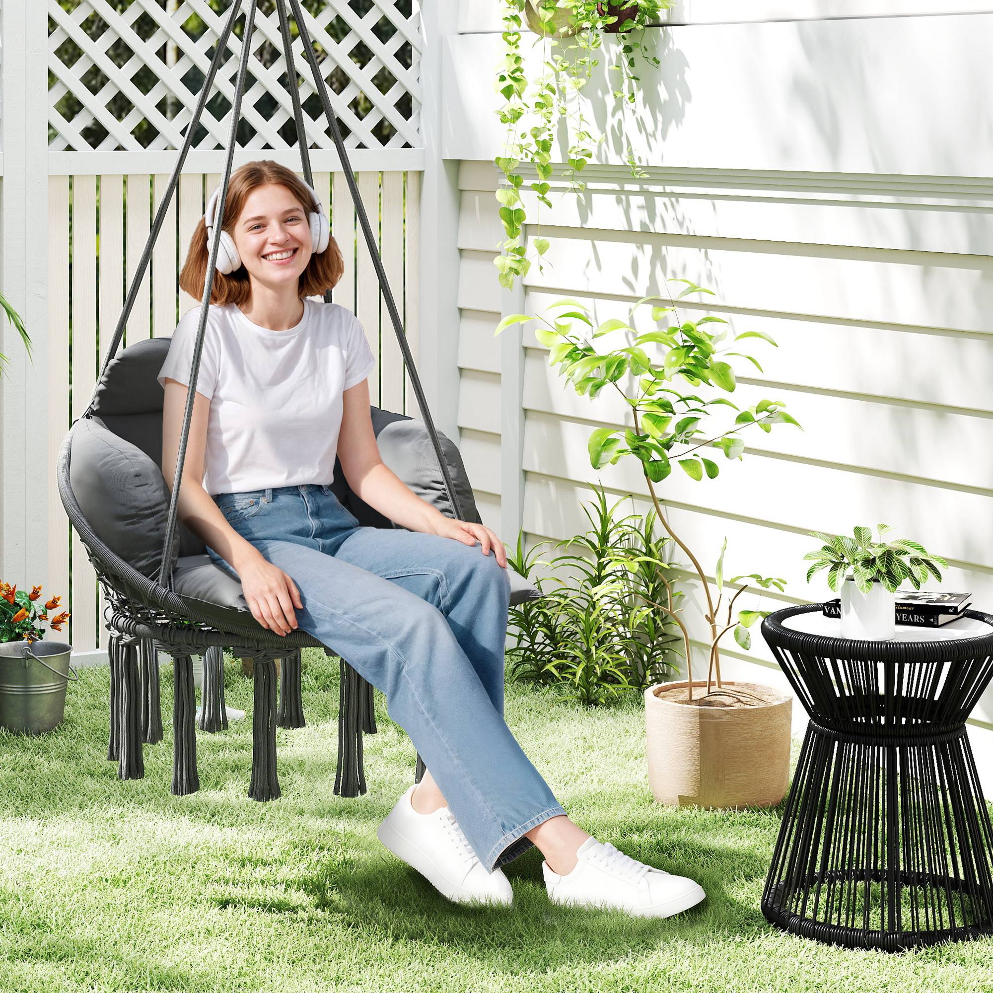 Chaise suspendue bohème acier salon terrasse coussin rembourré franges 80x60x40cm gris foncé - ComfortXL Outdoor Living - Image 3