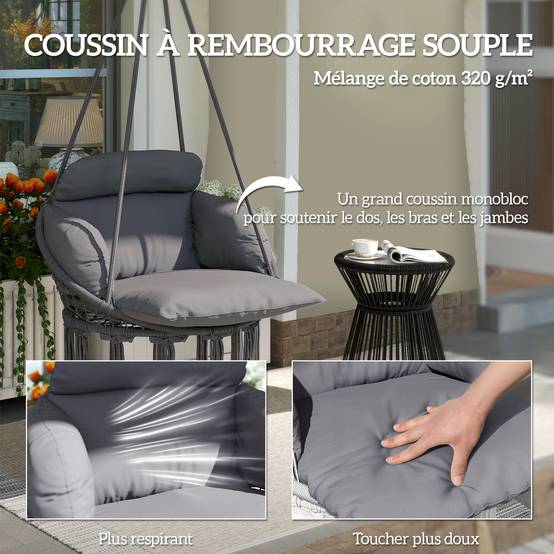 Chaise suspendue bohème acier salon terrasse coussin rembourré franges 80x60x40cm gris foncé - ComfortXL Outdoor Living - Image 6