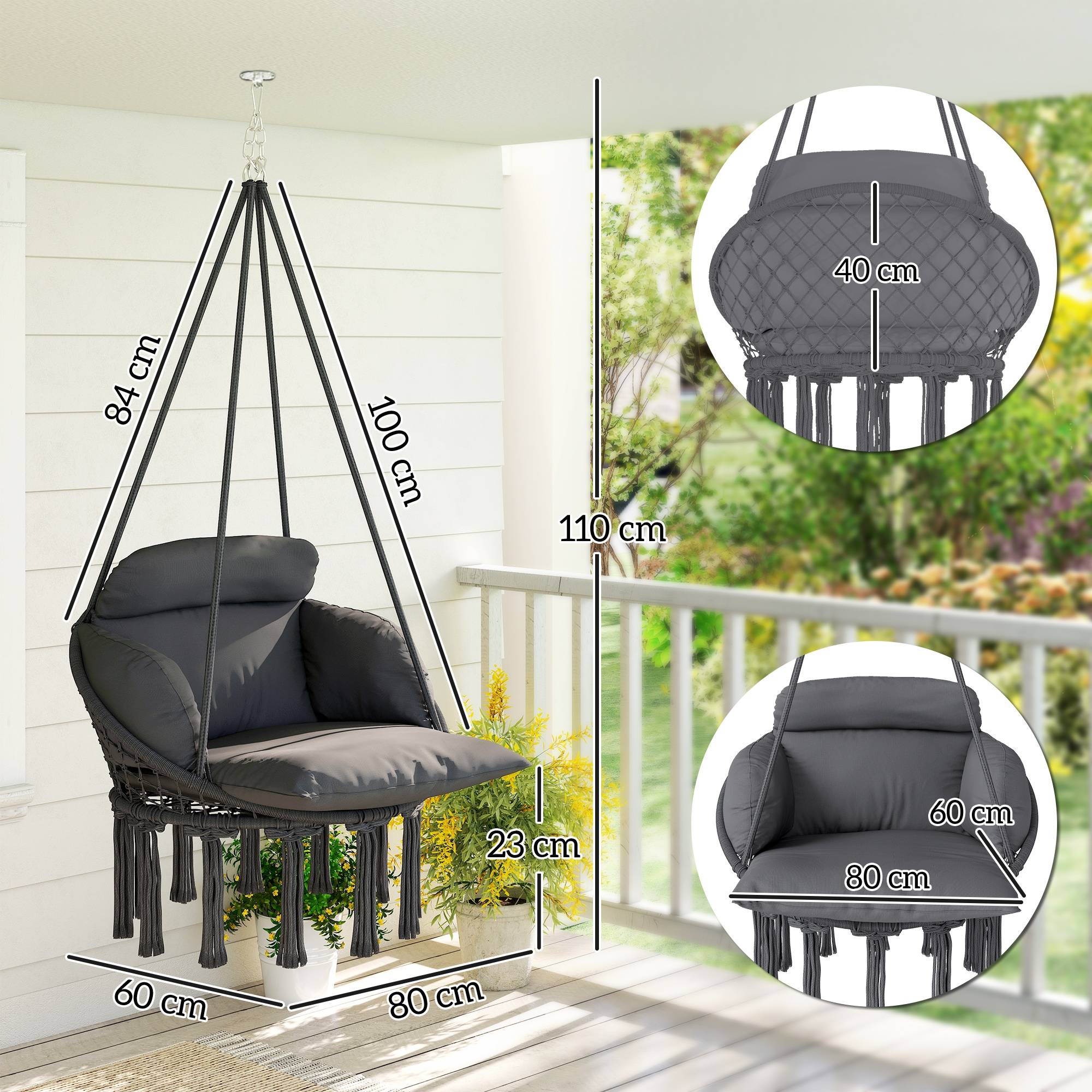 Chaise suspendue bohème acier salon terrasse coussin rembourré franges 80x60x40cm gris foncé - ComfortXL Outdoor Living - Image 5