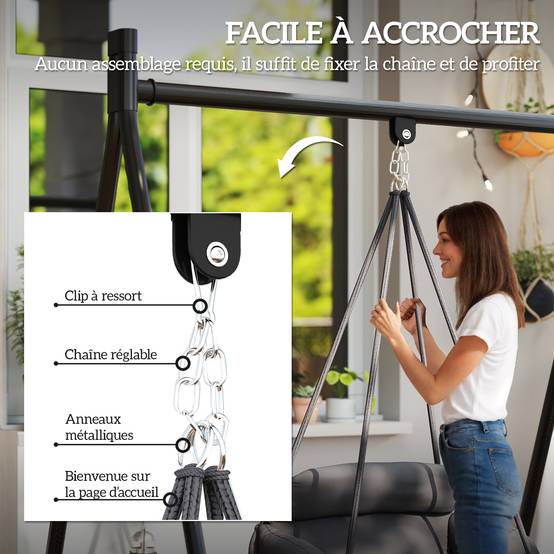 Chaise suspendue bohème acier salon terrasse coussin rembourré franges 80x60x40cm gris foncé - ComfortXL Outdoor Living - Image 8