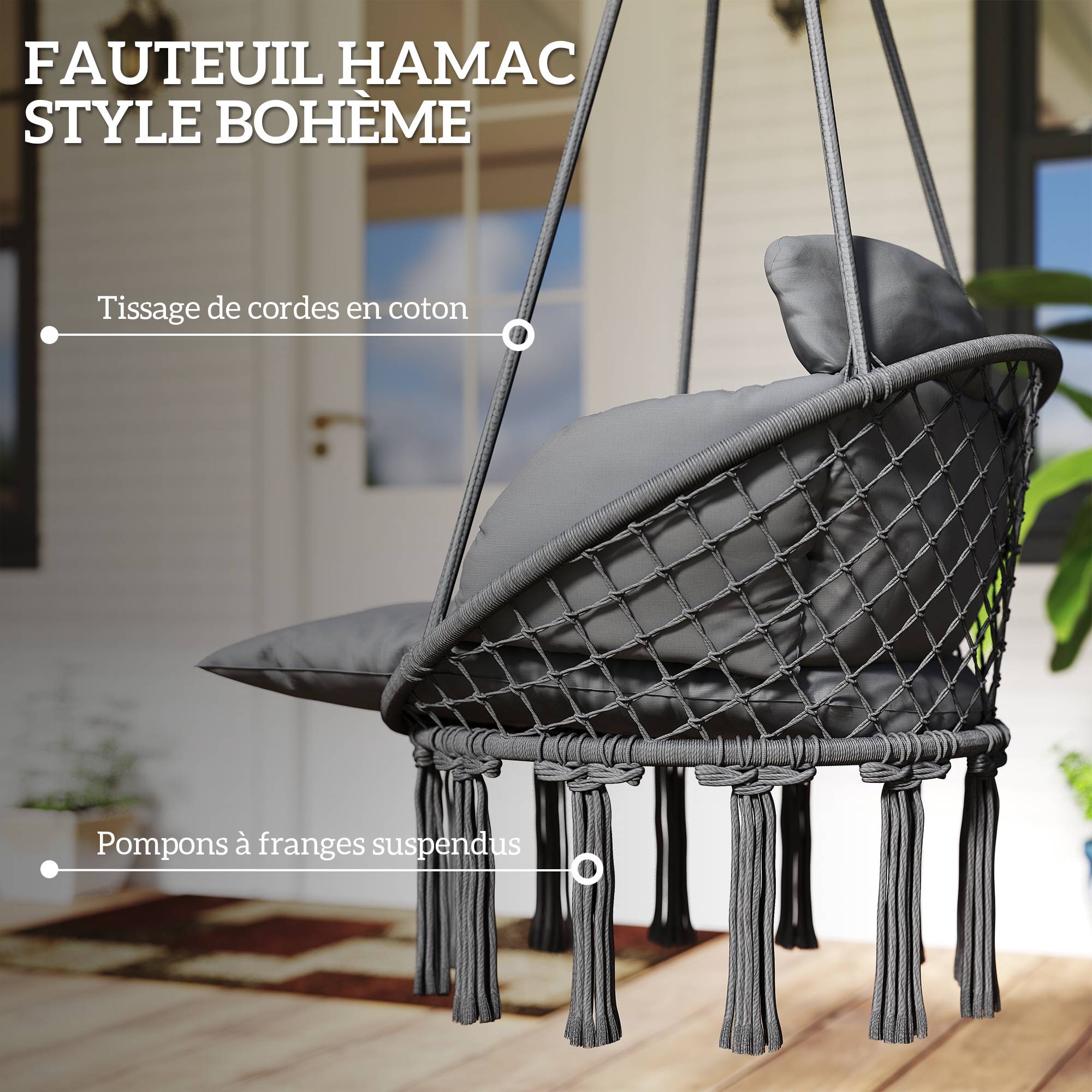 Chaise suspendue bohème acier salon terrasse coussin rembourré franges 80x60x40cm gris foncé - ComfortXL Outdoor Living - Image 7