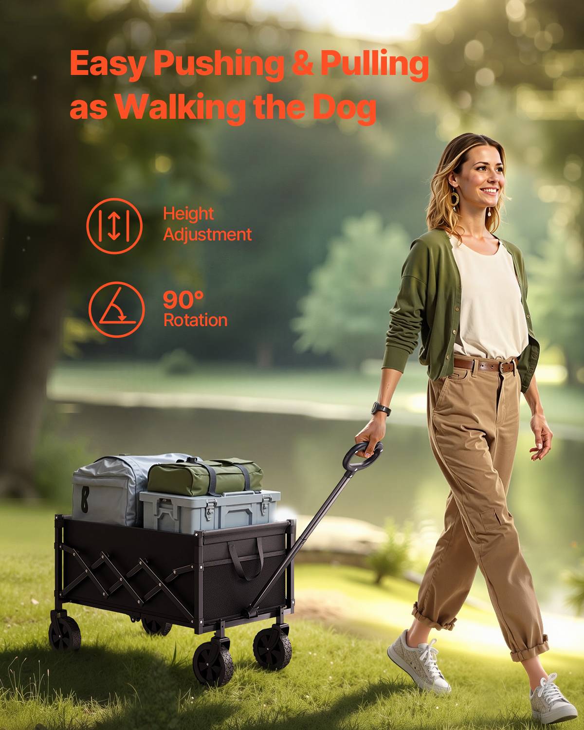 VEVOR Chariot jardin pliable 120L, portable. Charge 102kg, roues tout-terrain. Pour camping, plage, jardin. Noir. - Image 4