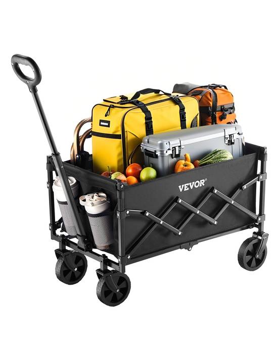 VEVOR Chariot jardin pliable 120L, portable. Charge 102kg, roues tout-terrain. Pour camping, plage, jardin. Noir. - Image 1