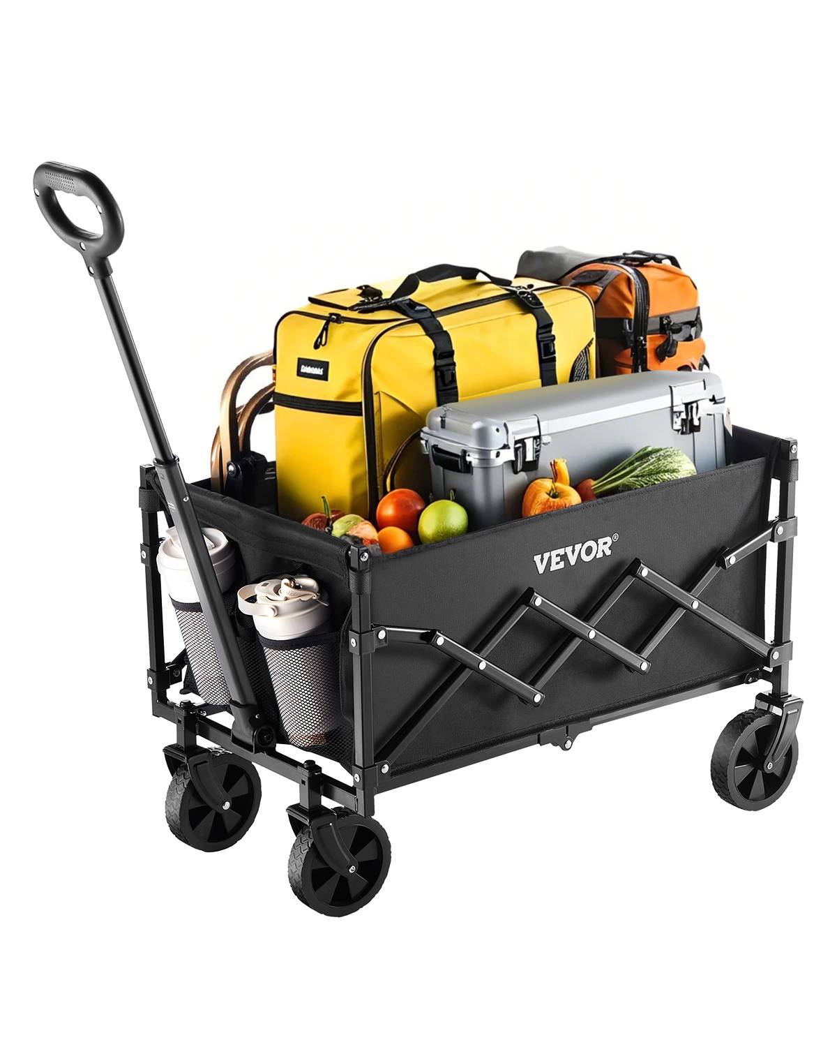 VEVOR Chariot jardin pliable 120L, portable. Charge 102kg, roues tout-terrain. Pour camping, plage, jardin. Noir. - Image 1