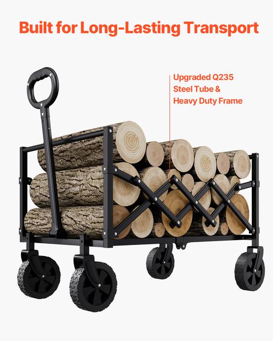 VEVOR Chariot jardin pliable 120L, portable. Charge 102kg, roues tout-terrain. Pour camping, plage, jardin. Noir. - Image 6