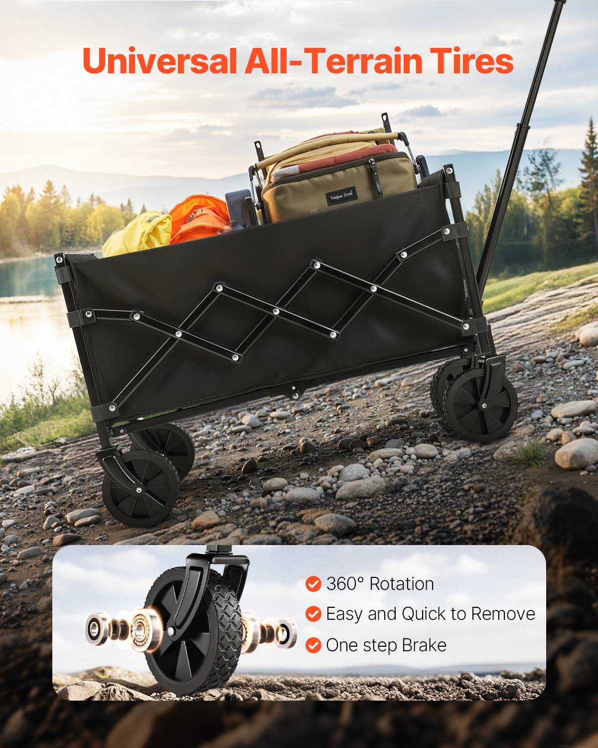 VEVOR Chariot jardin pliable 120L, portable. Charge 102kg, roues tout-terrain. Pour camping, plage, jardin. Noir. - Image 5