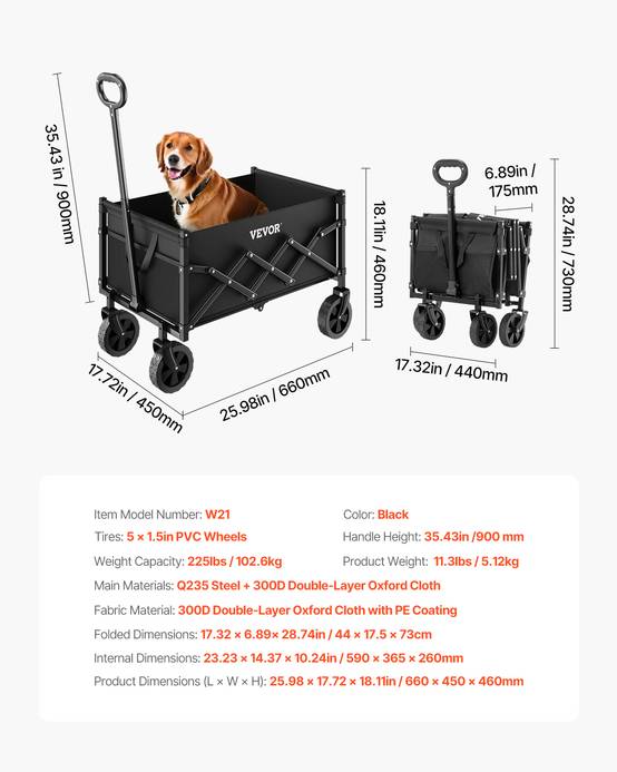 VEVOR Chariot jardin pliable 120L, portable. Charge 102kg, roues tout-terrain. Pour camping, plage, jardin. Noir. - Image 7