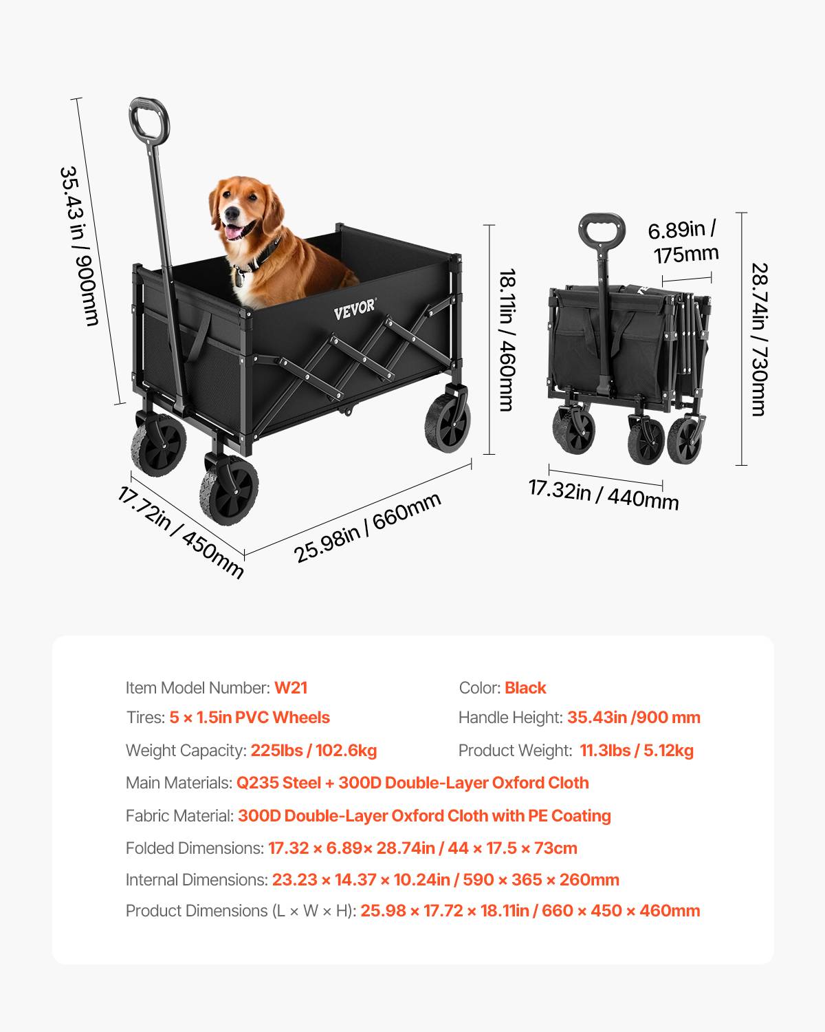 VEVOR Chariot jardin pliable 120L, portable. Charge 102kg, roues tout-terrain. Pour camping, plage, jardin. Noir. - Image 7