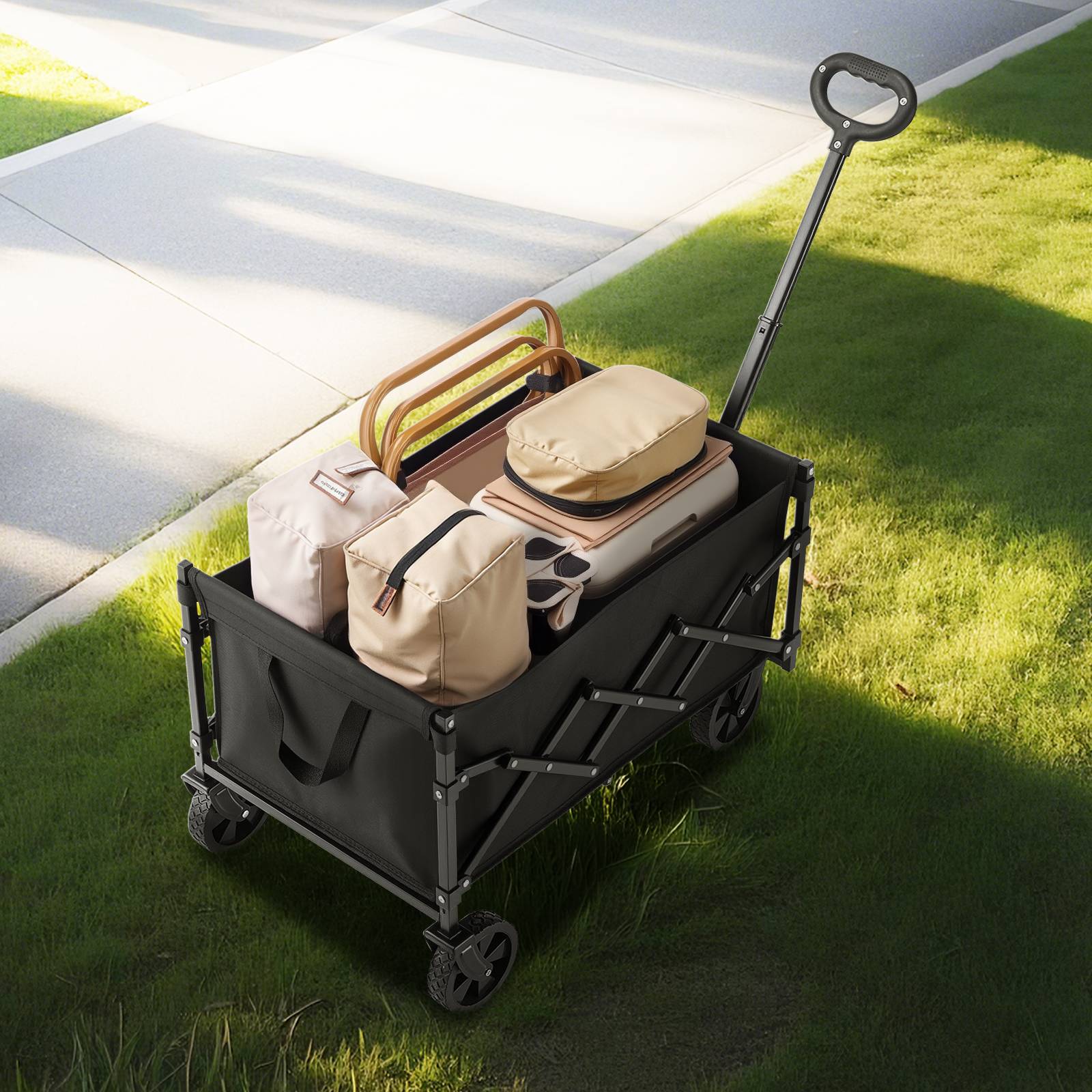 VEVOR Chariot jardin pliable 120L, portable. Charge 102kg, roues tout-terrain. Pour camping, plage, jardin. Noir. - Image 8