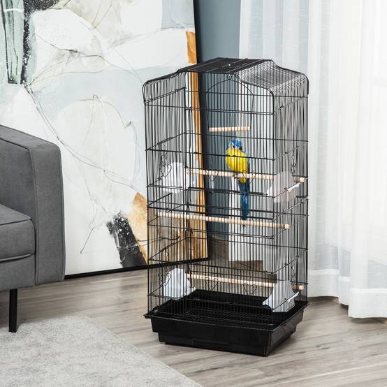 Cage à oiseaux volière avec mangeoires perchoirs plateau excrément amovible cage pour canaris perruches perroquets 46,5 x 35,5 x 92 cm noir - Image 4