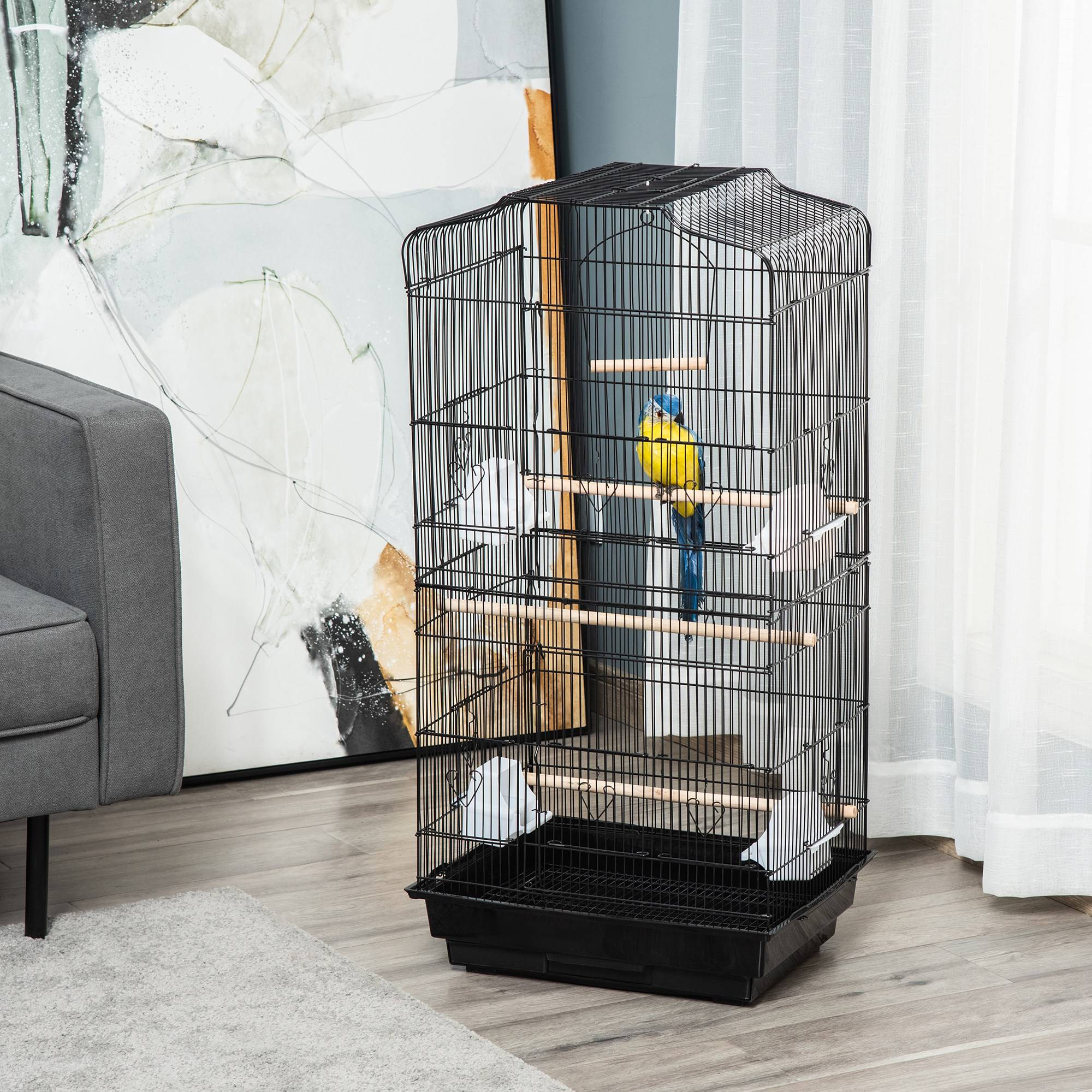 Cage à oiseaux volière avec mangeoires perchoirs plateau excrément amovible cage pour canaris perruches perroquets 46,5 x 35,5 x 92 cm noir - Image 4