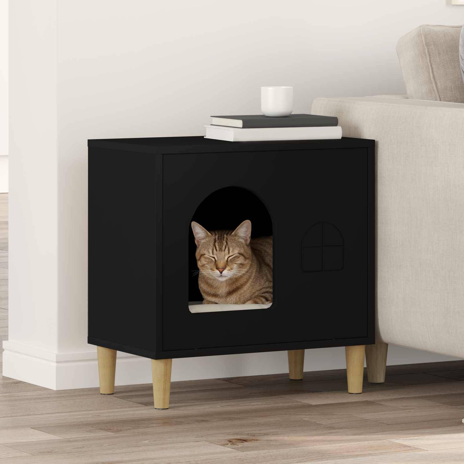 Abri Chat Intérieur Bois Moderne Noir 52cm pour Chat Discret Facile - ComfortXL Outdoor Living - Image 1