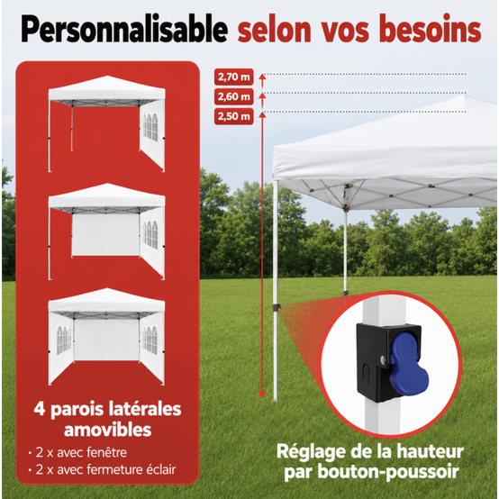 Pavillon 3x3m Tonnelle de jardin pliable rapide Blanc avec fenêtres Sac de rangement inclus - Image 5