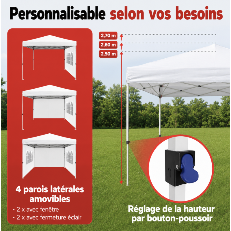 Pavillon 3x3m Tonnelle de jardin pliable rapide Blanc avec fenêtres Sac de rangement inclus - Image 5
