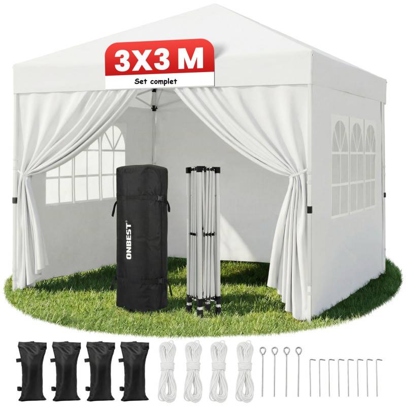 Pavillon 3x3m Tonnelle de jardin pliable rapide Blanc avec fenêtres Sac de rangement inclus - Image 2