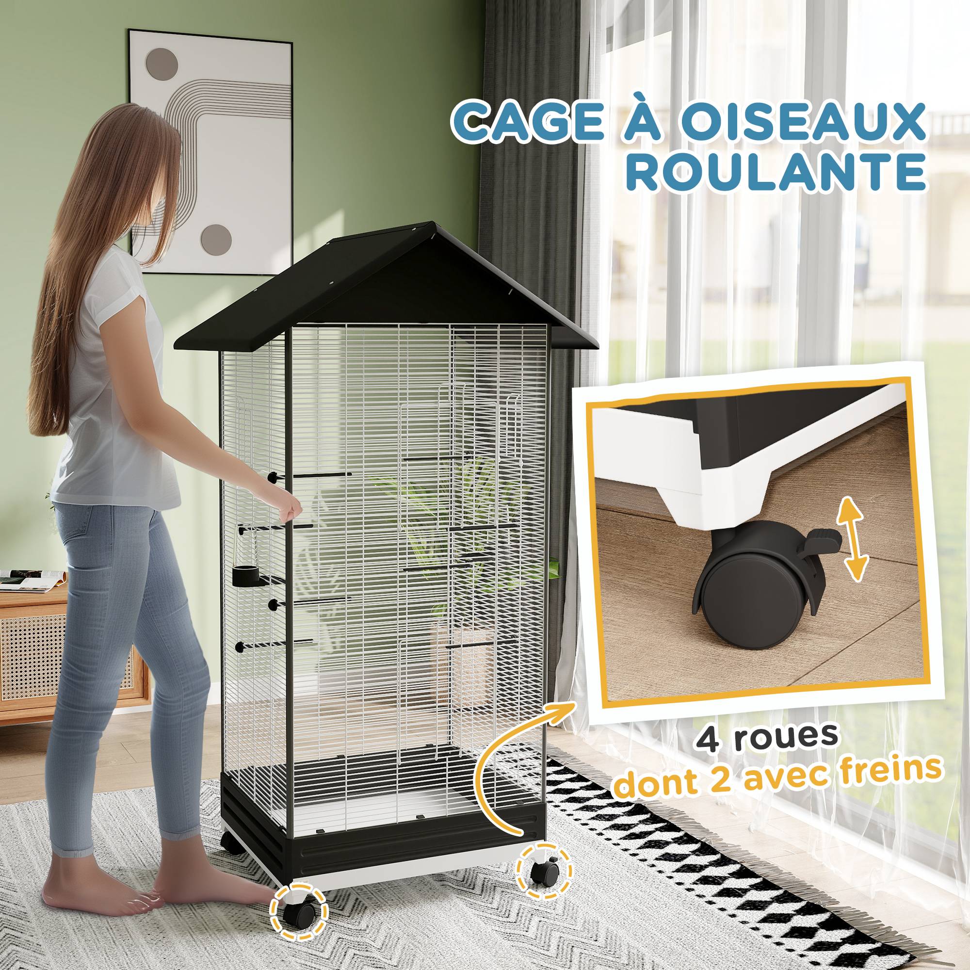 Cage oiseau sur pied acier pour canaris roulettes et perchoirs 79x65x155cm noir - ComfortXL Outdoor Living - Image 9