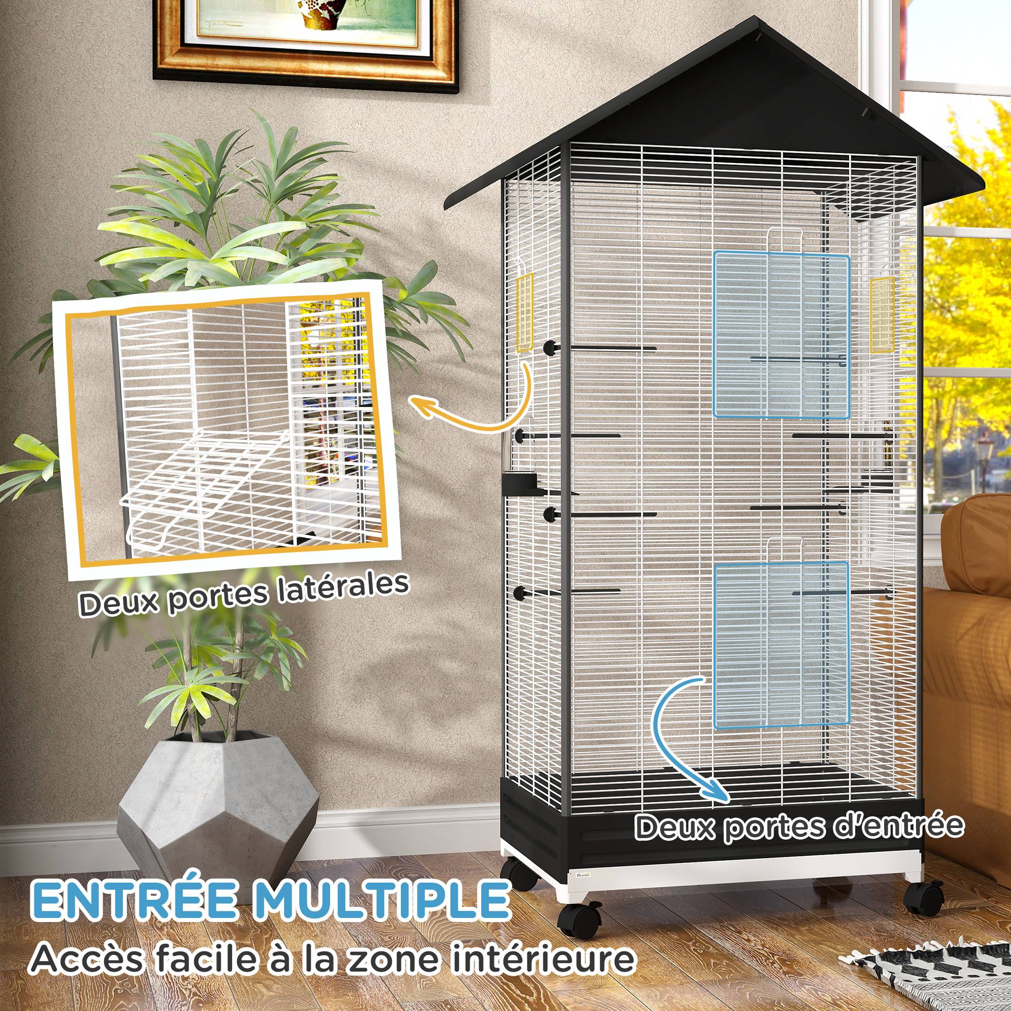Cage oiseau sur pied acier pour canaris roulettes et perchoirs 79x65x155cm noir - ComfortXL Outdoor Living - Image 8