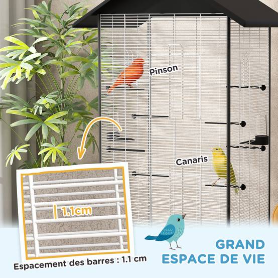 Cage oiseau sur pied acier pour canaris roulettes et perchoirs 79x65x155cm noir - ComfortXL Outdoor Living - Image 6