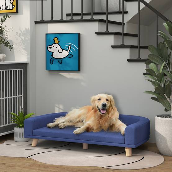 Canapé pour chien grand lit surélevé pour chien coussin lavable cadre en bois tissu polyester 98 x 67 x 25 cm bleu - Image 4