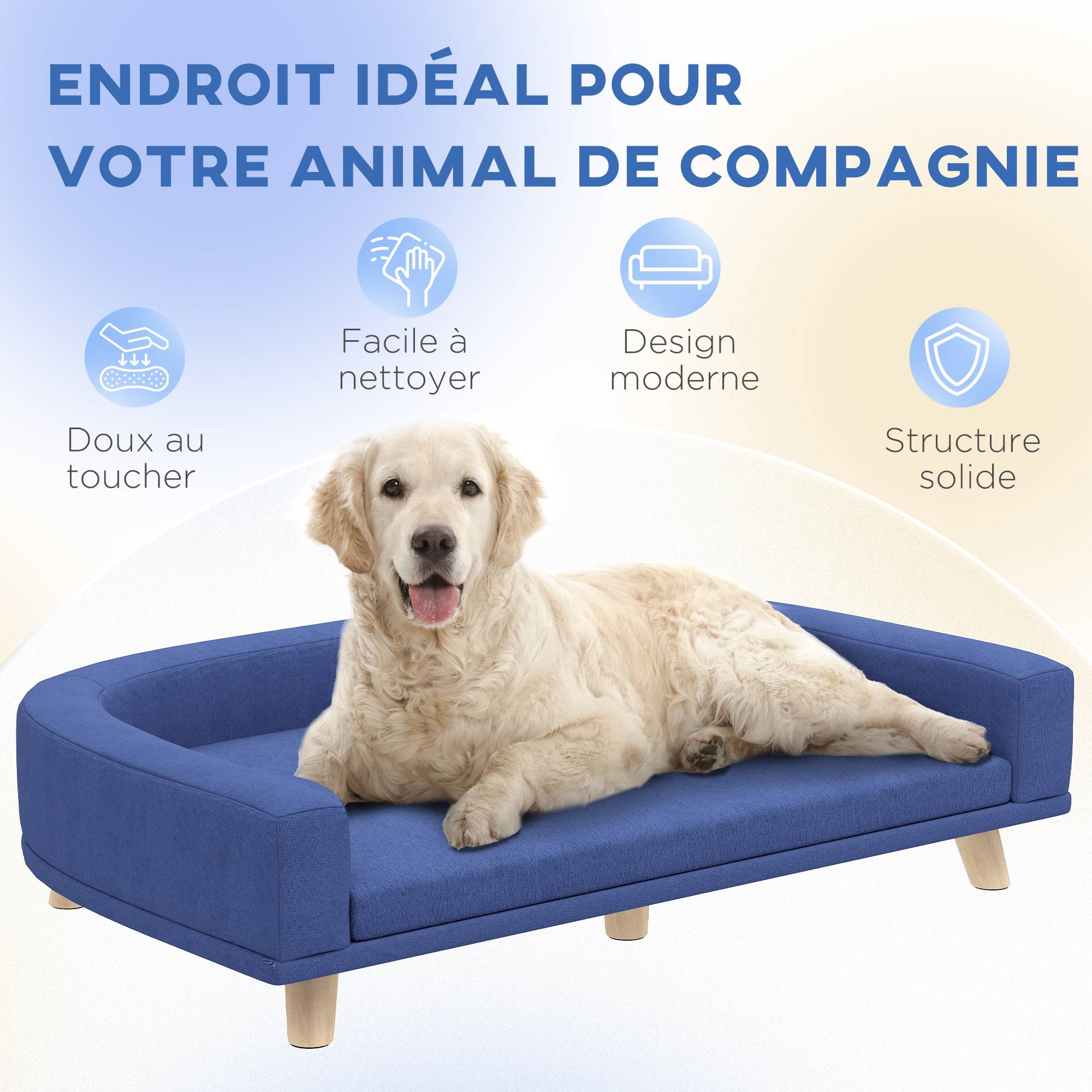 Canapé pour chien grand lit surélevé pour chien coussin lavable cadre en bois tissu polyester 98 x 67 x 25 cm bleu - Image 9